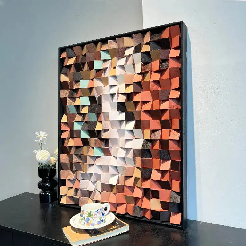 3D Stone Mosaic Wall Art - Terracotta Geometric Pebble Panel for Home Decor Artmeto Wood wall art