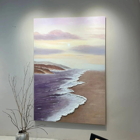 Artmeto Textured Purple Beach Moonrise Oil Painting-Coastal Wall Art Artmeto Wood wall art
