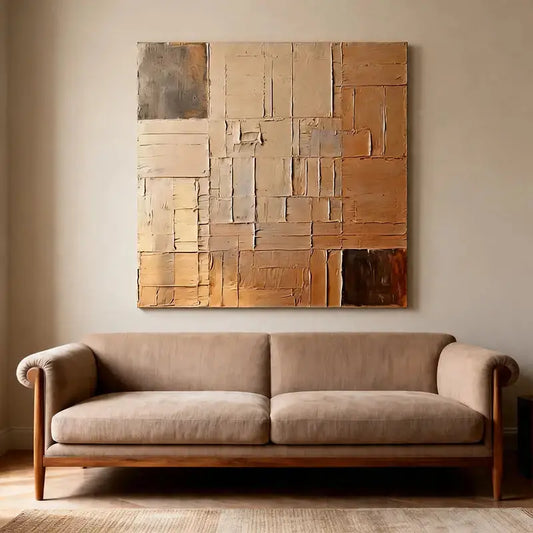 Beige Wall Decor - Textured Grid Pattern Canvas Art Artmeto Wood wall art