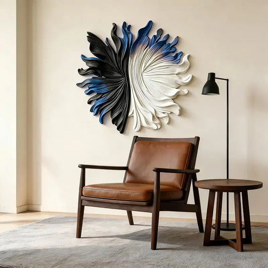 Black, Blue & Ivory Organic Fan 3D Relief Wall Sculpture Artmeto Wood wall art-2