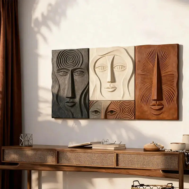 Bohemian Earth-Tone Stylized Face Textured Sculptural wall decor Artmeto Wood wall art