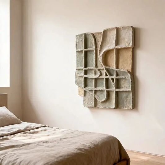 Dusty Sage & Sand Beige Broken Grid Organic 3D Relief Wall Art Artmeto Wood wall art-2