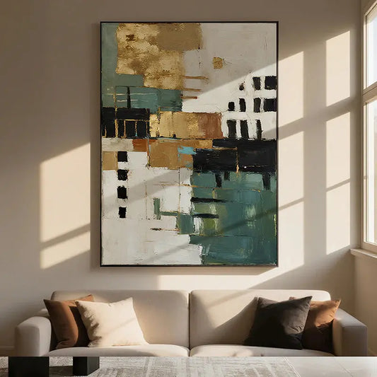 Geometric Neutral Abstract Canvas-Teal Gold Wall Decor-Artmeto Artmeto Wood wall art