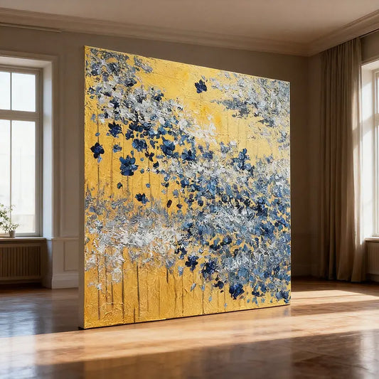 Gold Leaf & Blue Flower Wall Decor Modern Textured Oil Painting Artmeto Wood wall art