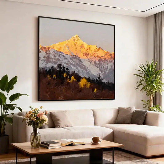 Golden Mountain Landscape Oil Painting - Textured Snowy Peak Wall Art for Home Decor Artmeto Wood wall art