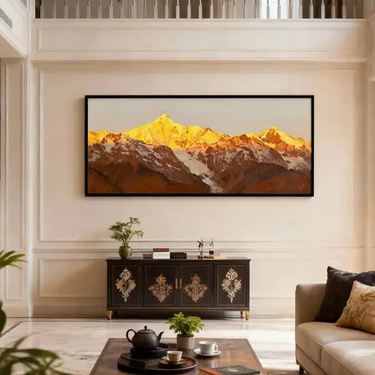 Grand Golden Mountain Landscape Oil Painting - Oversized Wall Decor for Modern Homes Artmeto Wood wall art
