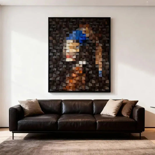 Handmade 3D Geometric Wooden Mosaic - Pearl Earring Girl Wall Art Artmeto Wood wall art