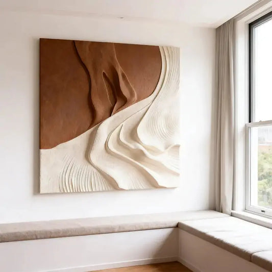 Modern Abstract Neutral Wall Design - Handmade Beige Black Textured Wood Relief(副本) Artmeto Wood wall art