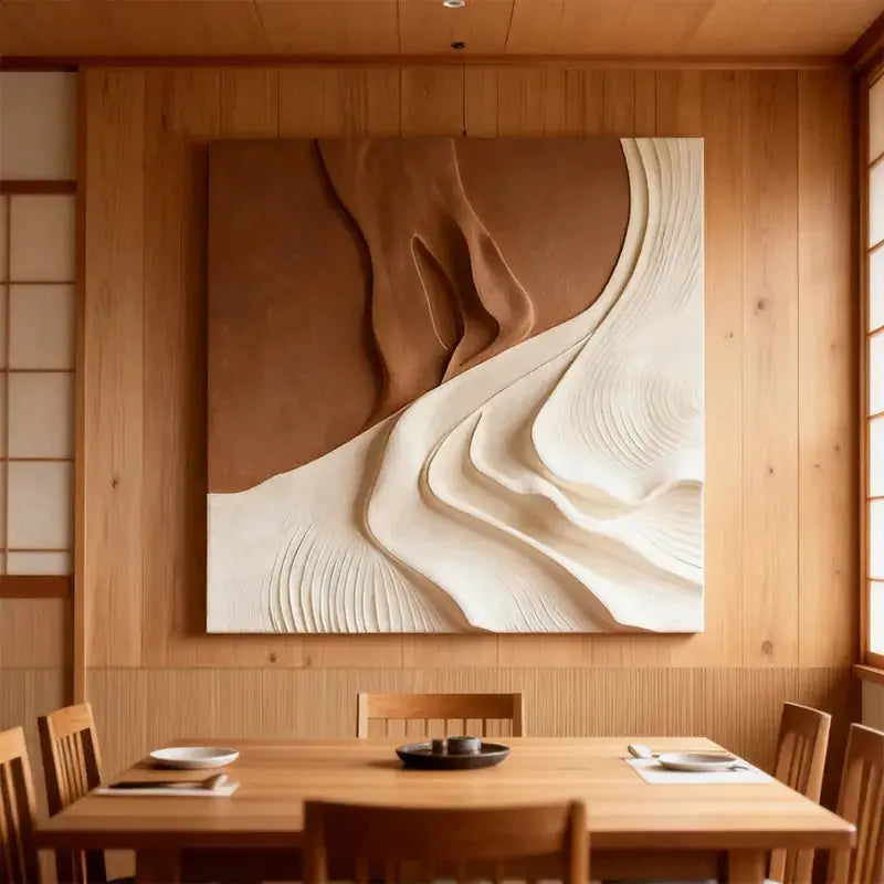 Modern Abstract Neutral Wall Design - Handmade Beige Black Textured Wood Relief(副本) Artmeto Wood wall art