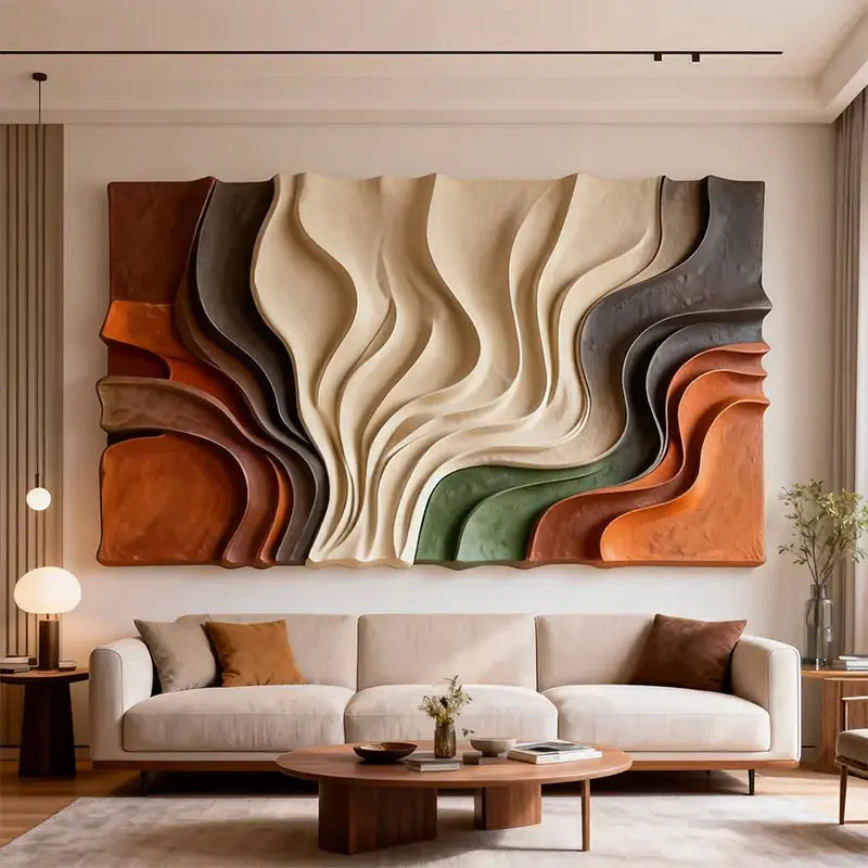 Multi-Tone Earth-Tone Abstract Flowing Decor 3D Relief Wall Sculpture Artmeto Wood wall art