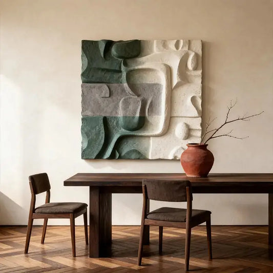 Muted Green & Cream Wabi-Sabi Textured Wall Sculpture Artmeto Wood wall art-2