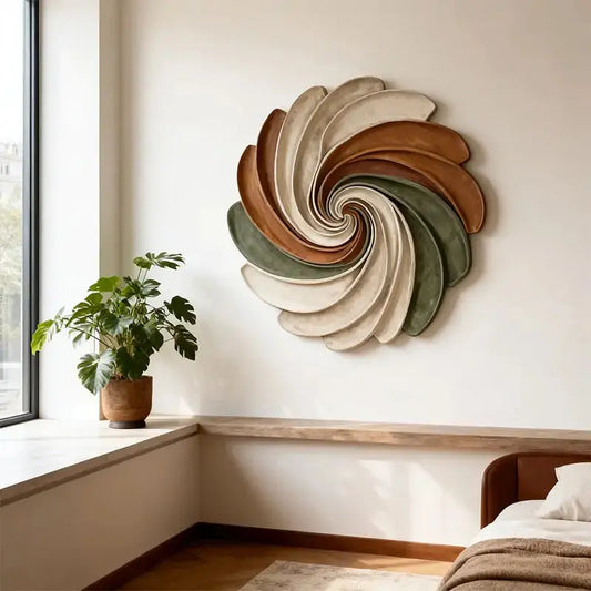 Sage Green, Terracotta and Ivory Circular Spiral Sculptural | Wabi Sabi Swirl 3D Relief Wall Decor Artmeto Wood wall art