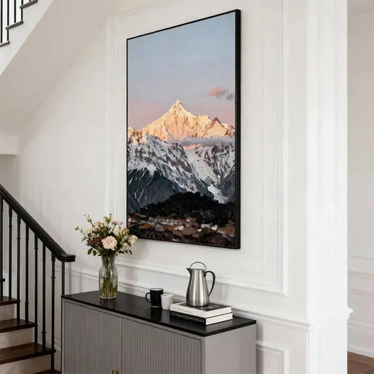 Sunrise Snow Mountain Peak Oil Painting - Textured Himalayan Landscape Wall Art for Home Decor Artmeto Wood wall art