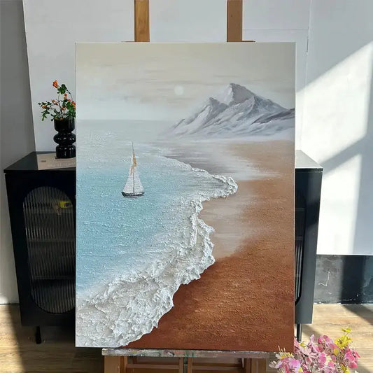 Textured Coastal Beach Oil Painting - Easy Sailboat Mountain Wall Art Artmeto Wood wall art