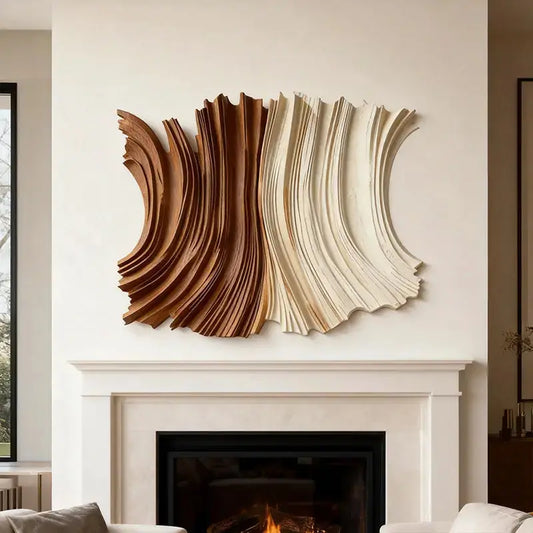 Two-Tone Natural Wood Fluid Form Layered Wave Sculpture Artmeto Wood wall art-2