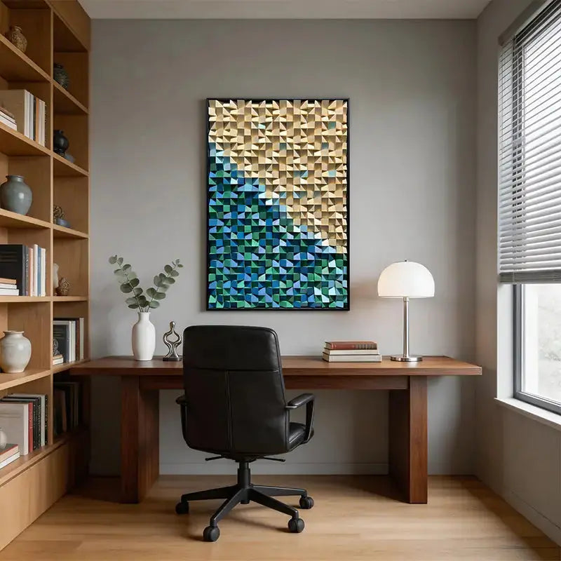 Wood Tone to Teal Gradient 3D Mosaic Wall Sculpture - Abstract Geometric Decor Artmeto Wood wall art