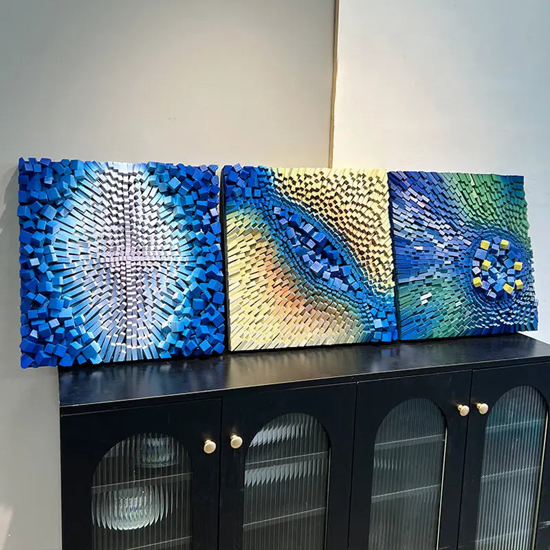 3D Geometric Abstract Wall Art Blue Yellow Gold Modern Decor-Artmeto Artmeto Wood wall art