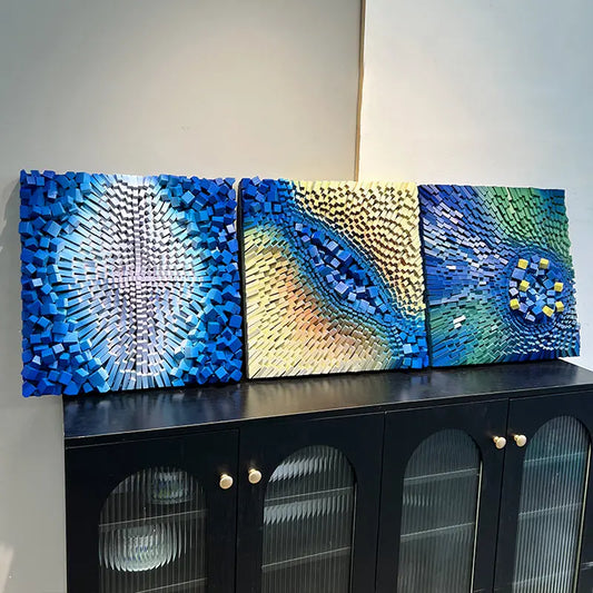 3D Geometric Abstract Wall Art Blue Yellow Gold Modern Decor-Artmeto Artmeto Wood wall art