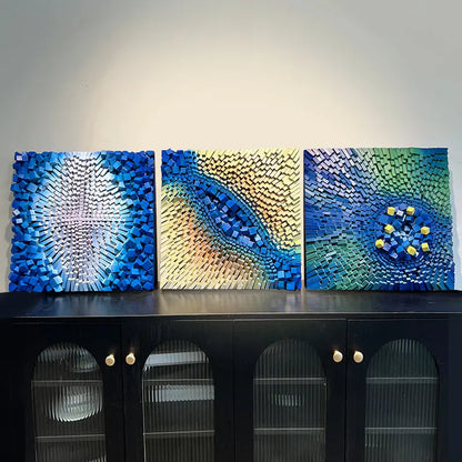 3D Geometric Abstract Wall Art Blue Yellow Gold Modern Decor-Artmeto Artmeto Wood wall art