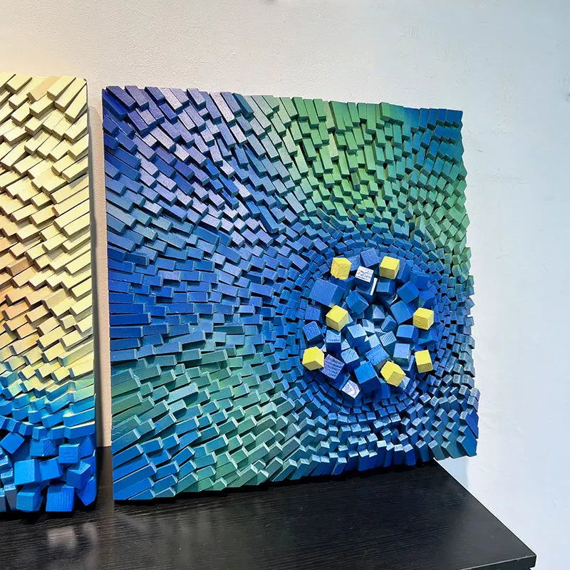 3D Geometric Abstract Wall Art Blue Yellow Gold Modern Decor-Artmeto Artmeto Wood wall art
