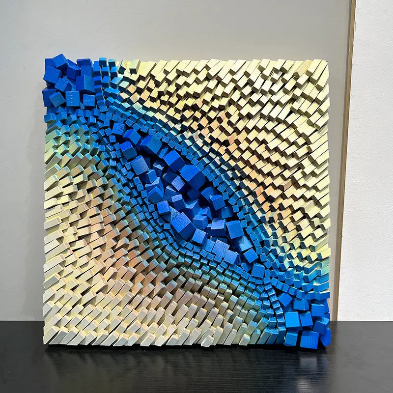 3D Geometric Abstract Wall Art Blue Yellow Gold Modern Decor-Artmeto Artmeto Wood wall art
