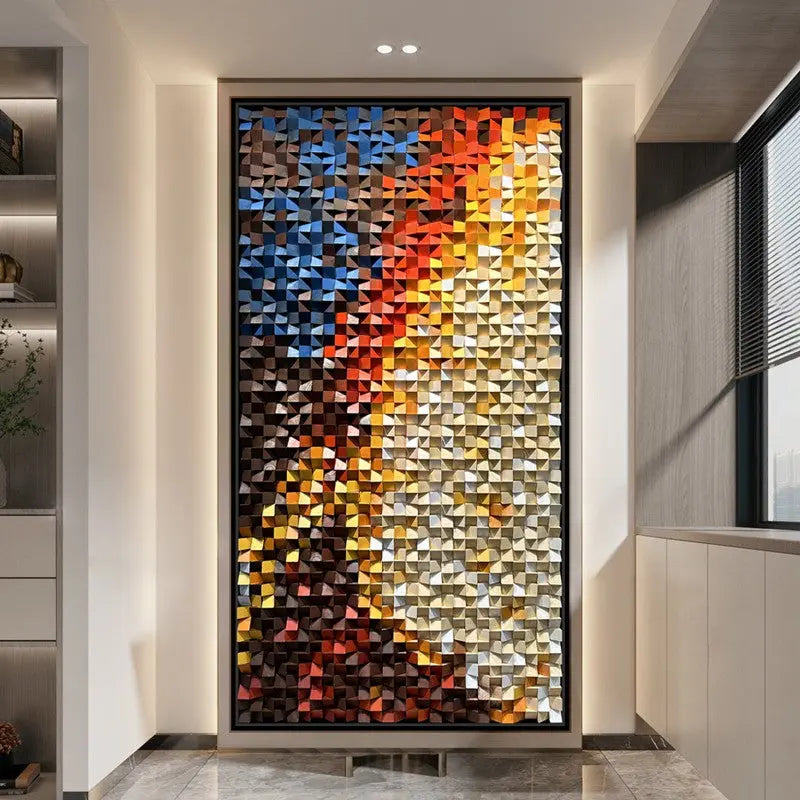 3D Geometric Mosaic Wall Art Red Orange Brown Modern Decor-Artmeto Artmeto Wood wall art