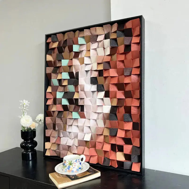 3D Stone Mosaic Wall Art - Terracotta Geometric Pebble Panel for Home Decor Artmeto Wood wall art