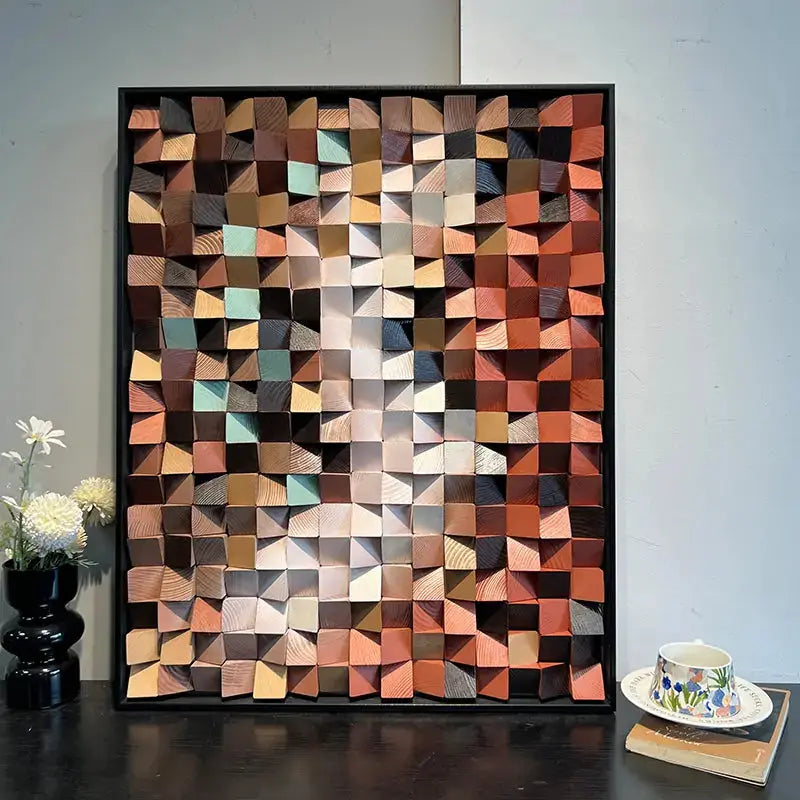 3D Stone Mosaic Wall Art - Terracotta Geometric Pebble Panel for Home Decor Artmeto Wood wall art
