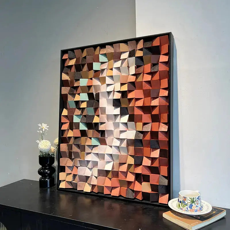 3D Stone Mosaic Wall Art - Terracotta Geometric Pebble Panel for Home Decor Artmeto Wood wall art