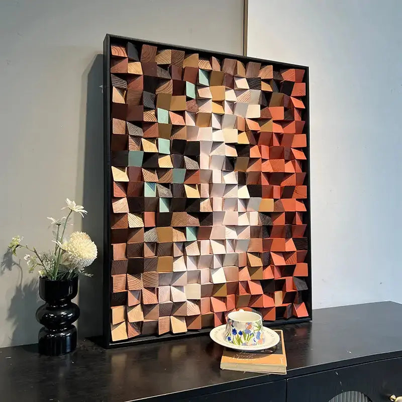 3D Stone Mosaic Wall Art - Terracotta Geometric Pebble Panel for Home Decor Artmeto Wood wall art