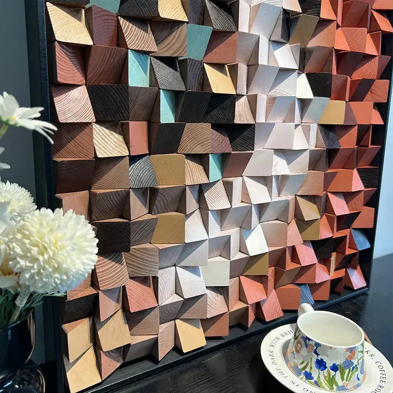 3D Stone Mosaic Wall Art - Terracotta Geometric Pebble Panel for Home Decor Artmeto Wood wall art
