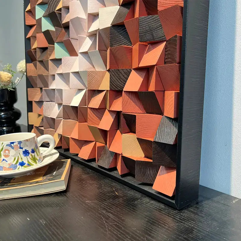 3D Stone Mosaic Wall Art - Terracotta Geometric Pebble Panel for Home Decor Artmeto Wood wall art