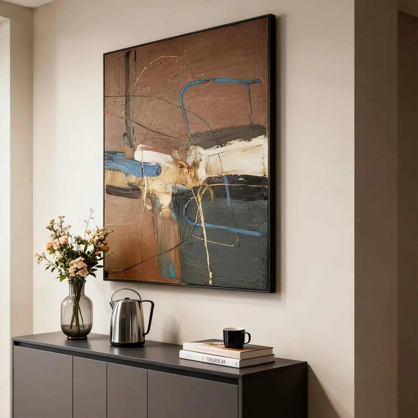 Abstract Brown Blue Wall Art-Modern Textured Canvas Painting-Artmeto Artmeto Wood wall art