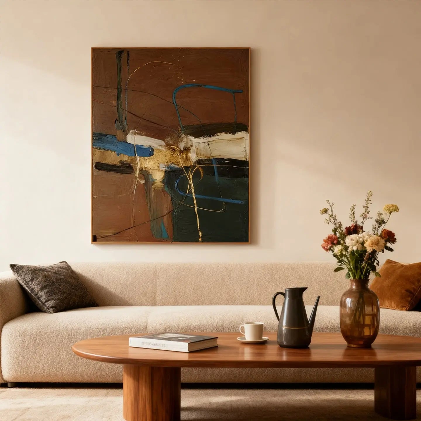 Abstract Brown Blue Wall Art-Modern Textured Canvas Painting-Artmeto Artmeto Wood wall art