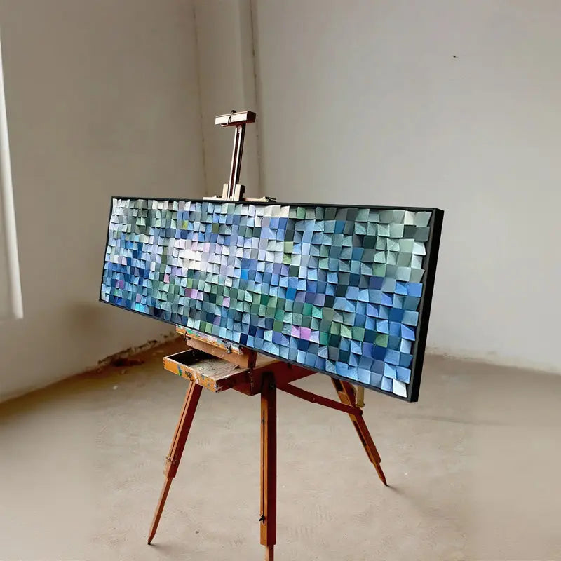 Abstract Geometric Patchwork Wall Art Blue Grey Canvas-Artmeto Artmeto Wood wall art