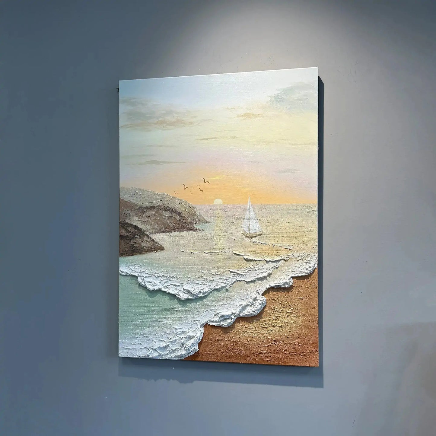 Artmeto Textured Beach Sunset Oil Painting-Sailboat Coastal Wall Art Artmeto Wood wall art