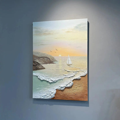 Artmeto Textured Beach Sunset Oil Painting-Sailboat Coastal Wall Art Artmeto Wood wall art