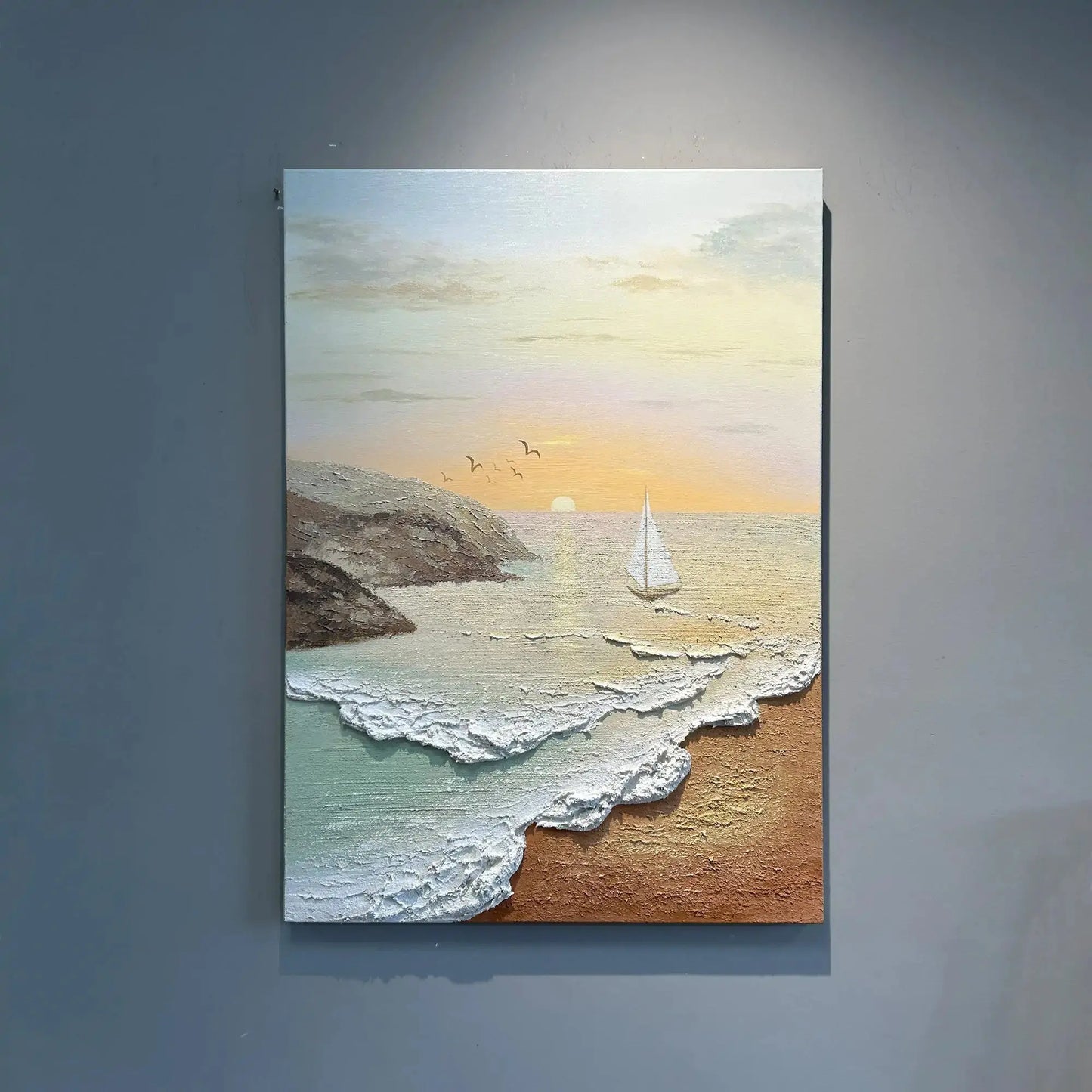 Artmeto Textured Beach Sunset Oil Painting-Sailboat Coastal Wall Art Artmeto Wood wall art