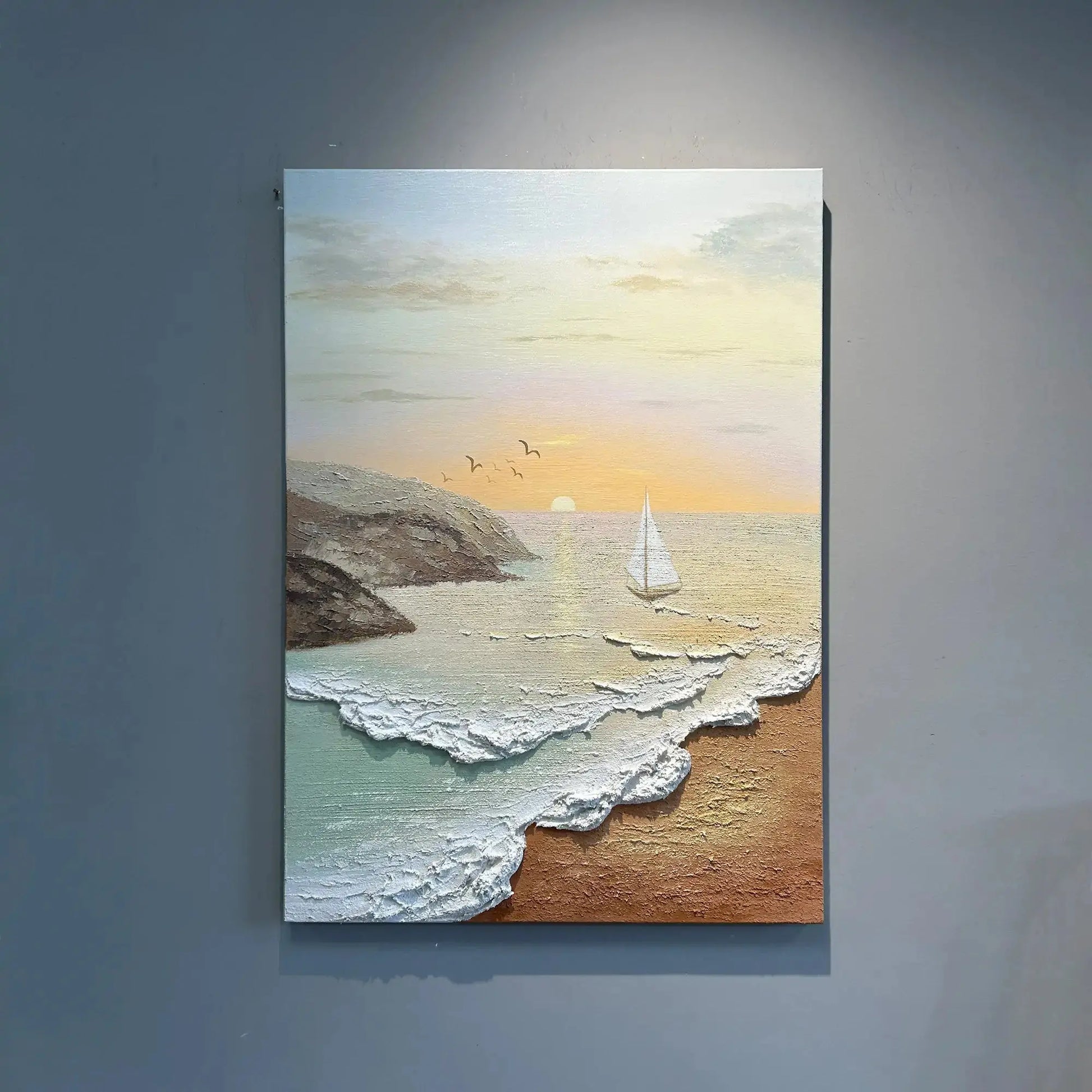 Artmeto Textured Beach Sunset Oil Painting-Sailboat Coastal Wall Art Artmeto Wood wall art