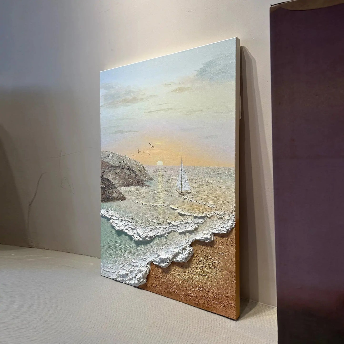 Artmeto Textured Beach Sunset Oil Painting-Sailboat Coastal Wall Art Artmeto Wood wall art