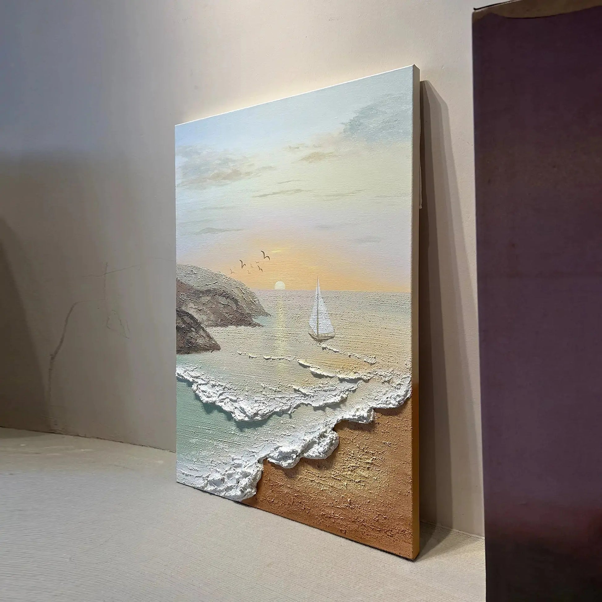 Artmeto Textured Beach Sunset Oil Painting-Sailboat Coastal Wall Art Artmeto Wood wall art