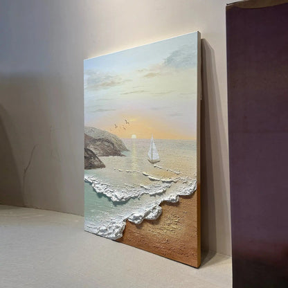 Artmeto Textured Beach Sunset Oil Painting-Sailboat Coastal Wall Art Artmeto Wood wall art