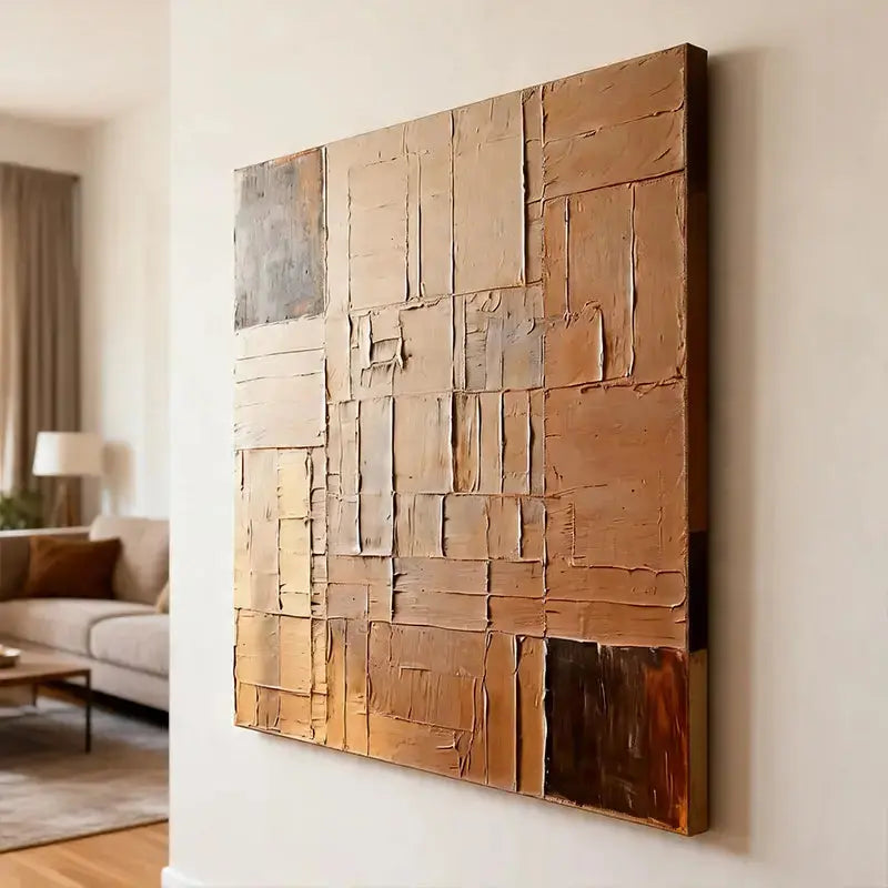 Beige Wall Decor - Textured Grid Pattern Canvas Art Artmeto Wood wall art