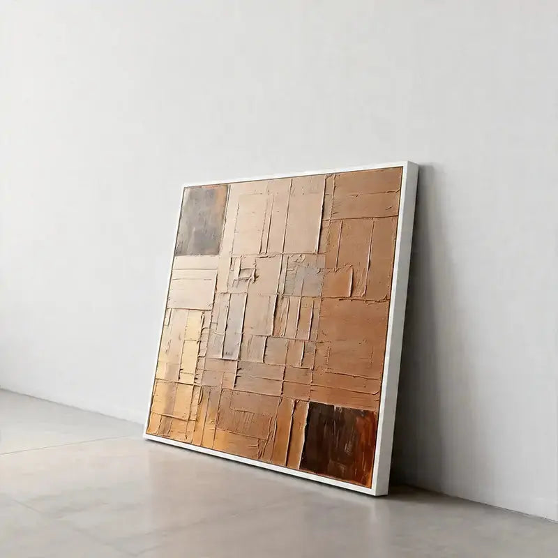 Beige Wall Decor - Textured Grid Pattern Canvas Art Artmeto Wood wall art