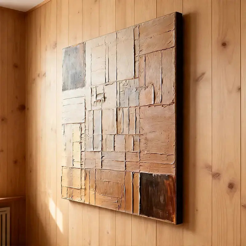 Beige Wall Decor - Textured Grid Pattern Canvas Art Artmeto Wood wall art