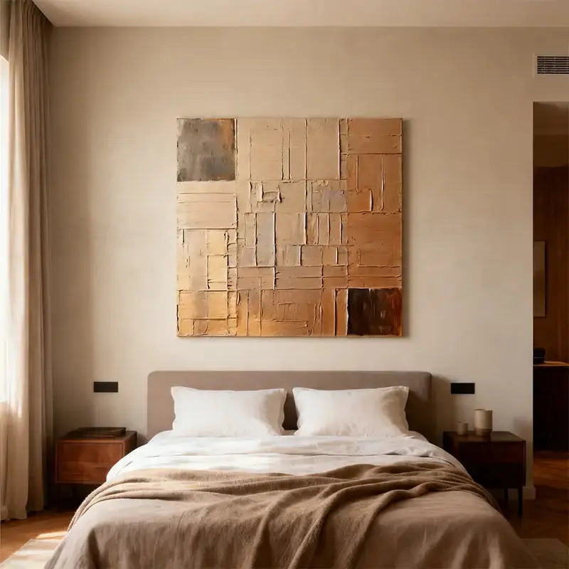 Beige Wall Decor - Textured Grid Pattern Canvas Art Artmeto Wood wall art