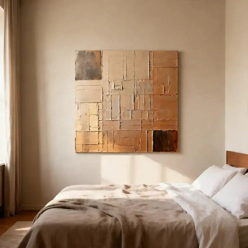 Beige Wall Decor - Textured Grid Pattern Canvas Art Artmeto Wood wall art