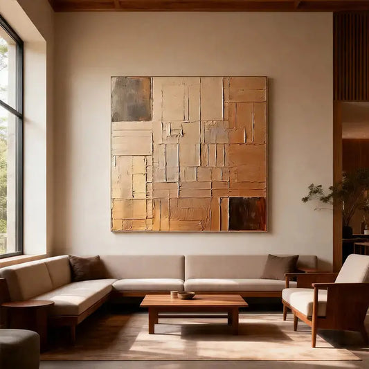 Beige Wall Decor - Textured Grid Pattern Canvas Art Artmeto Wood wall art