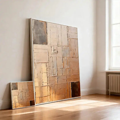 Beige Wall Decor - Textured Grid Pattern Canvas Art Artmeto Wood wall art