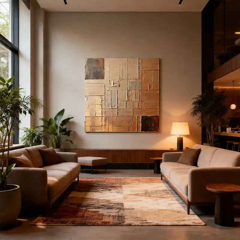 Beige Wall Decor - Textured Grid Pattern Canvas Art Artmeto Wood wall art